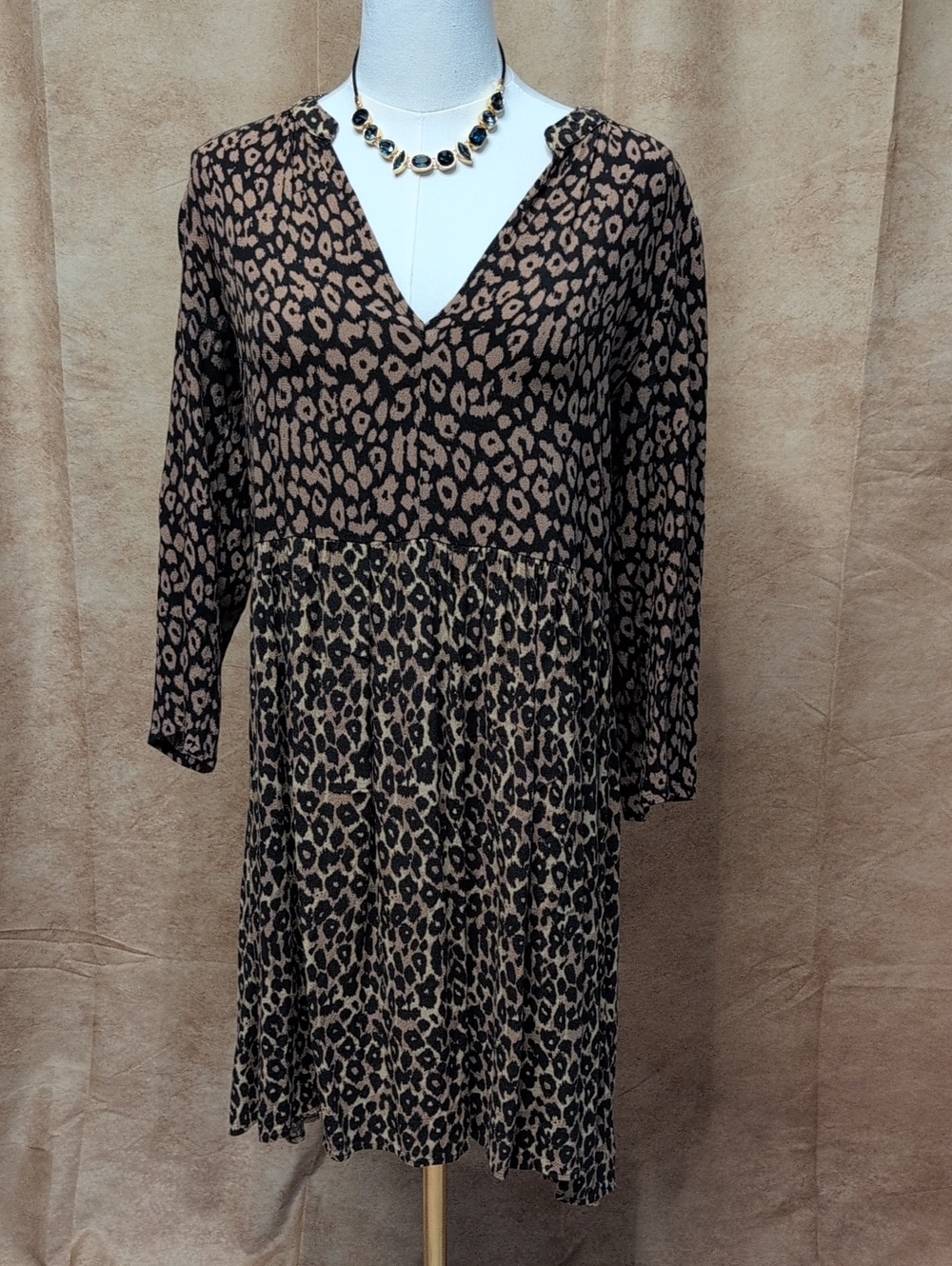 Maeve Leopard Print V-Neck Tiered Dress in Black and Tan